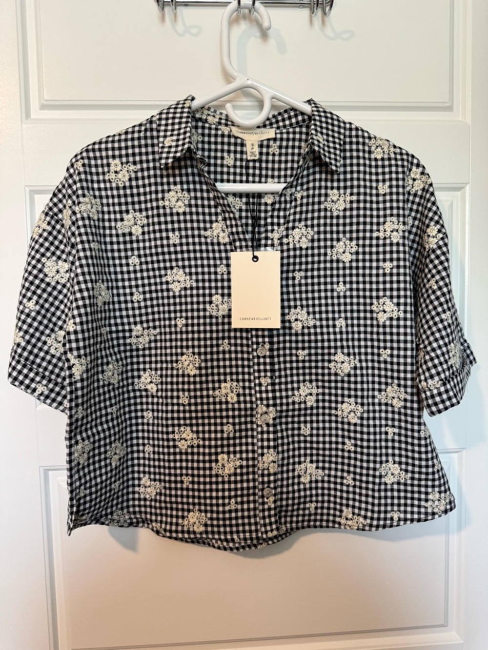 NWT Current/Elliott Gingham Button-down Shirt with Floral Embroidery, Size Small
